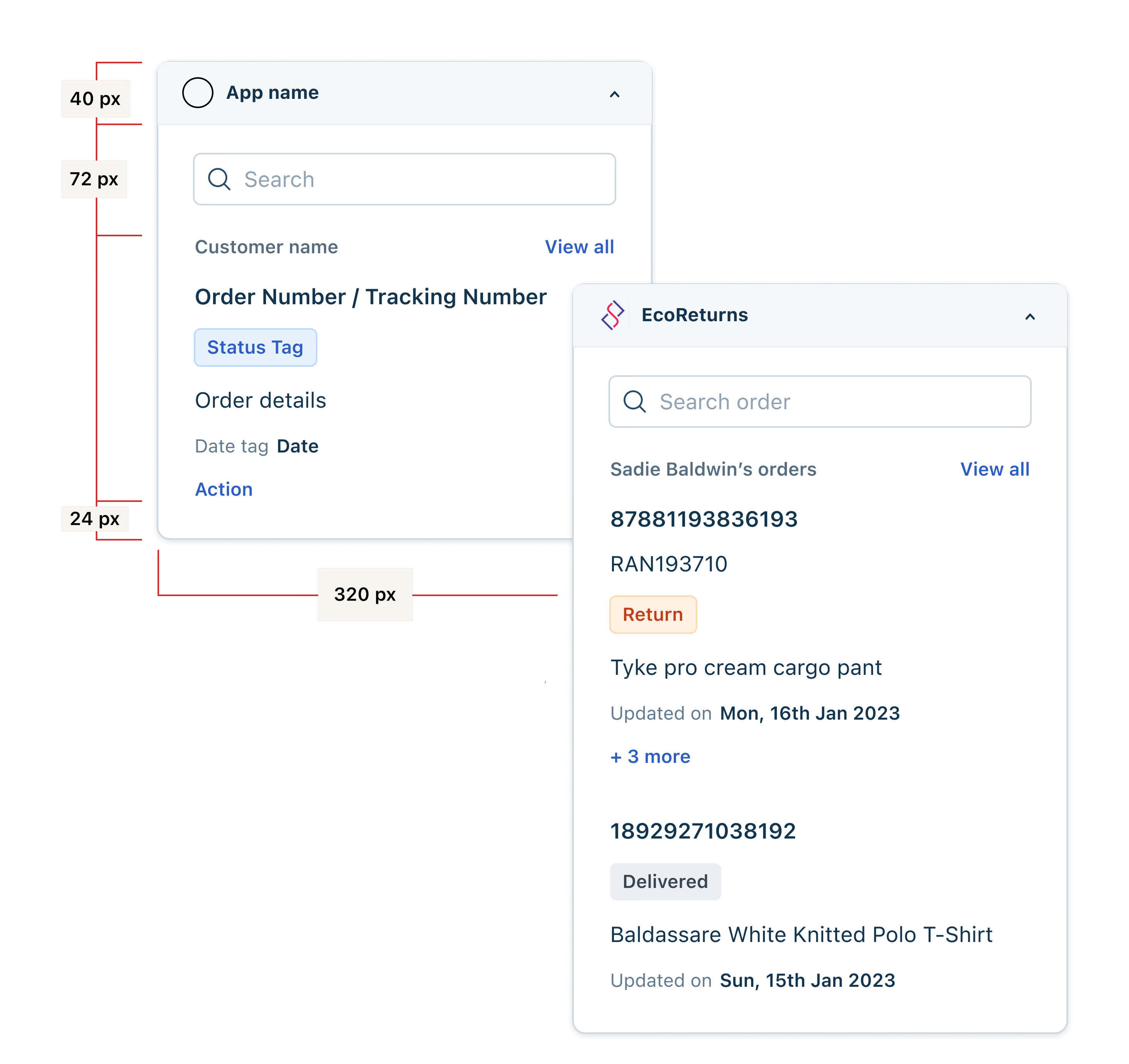 Unified container framework showing standardized header, search, customer details, order info, and action components